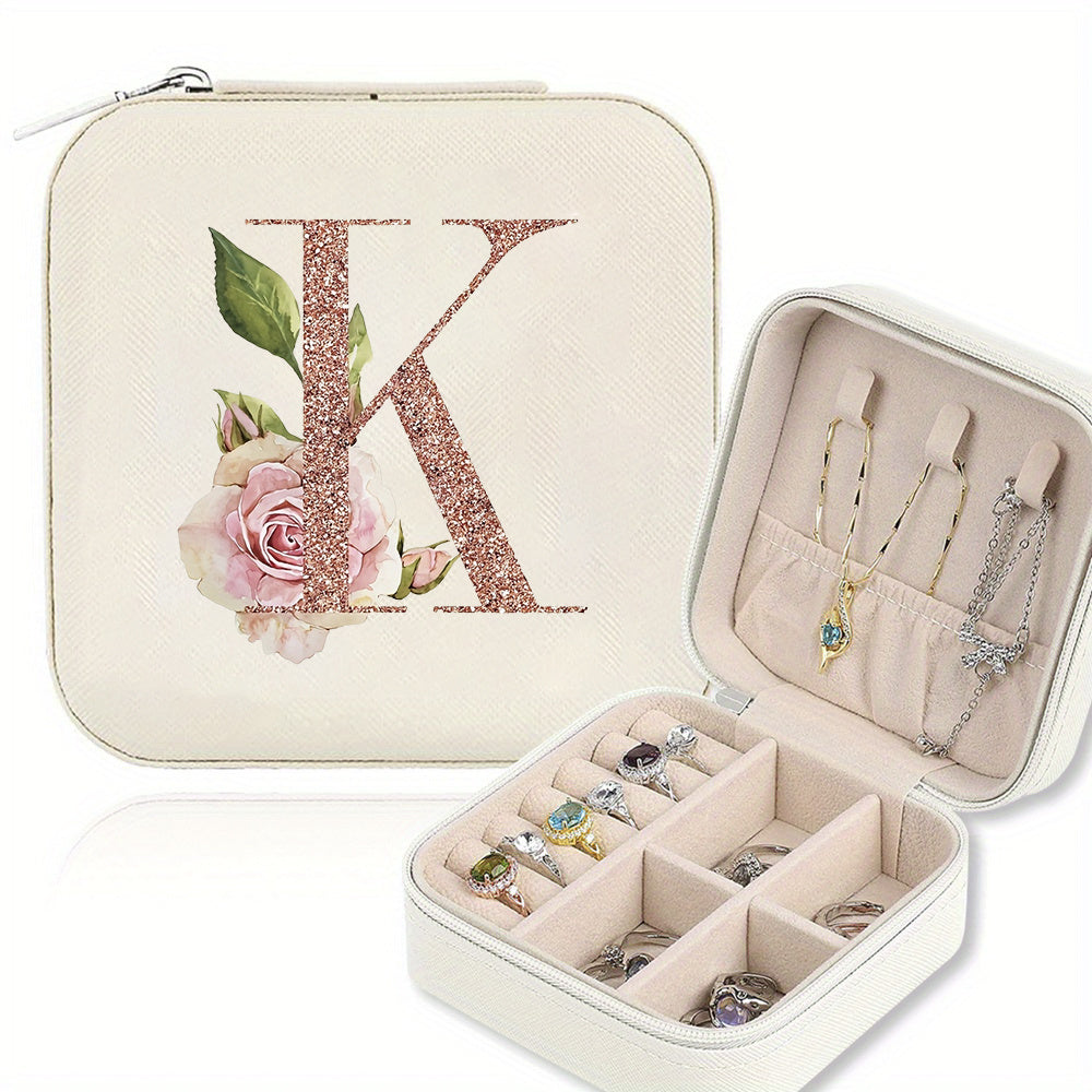 Classic Faux Leather Jewelry Box with Zipper Closure - Waterproof And Lightweight, Perfect for Travel Storage, Featuring a Floral Design with 26 Letters, a Detachable Necklace Display Stand, And Compartments for Rings And Earrings - an Elegant Gift