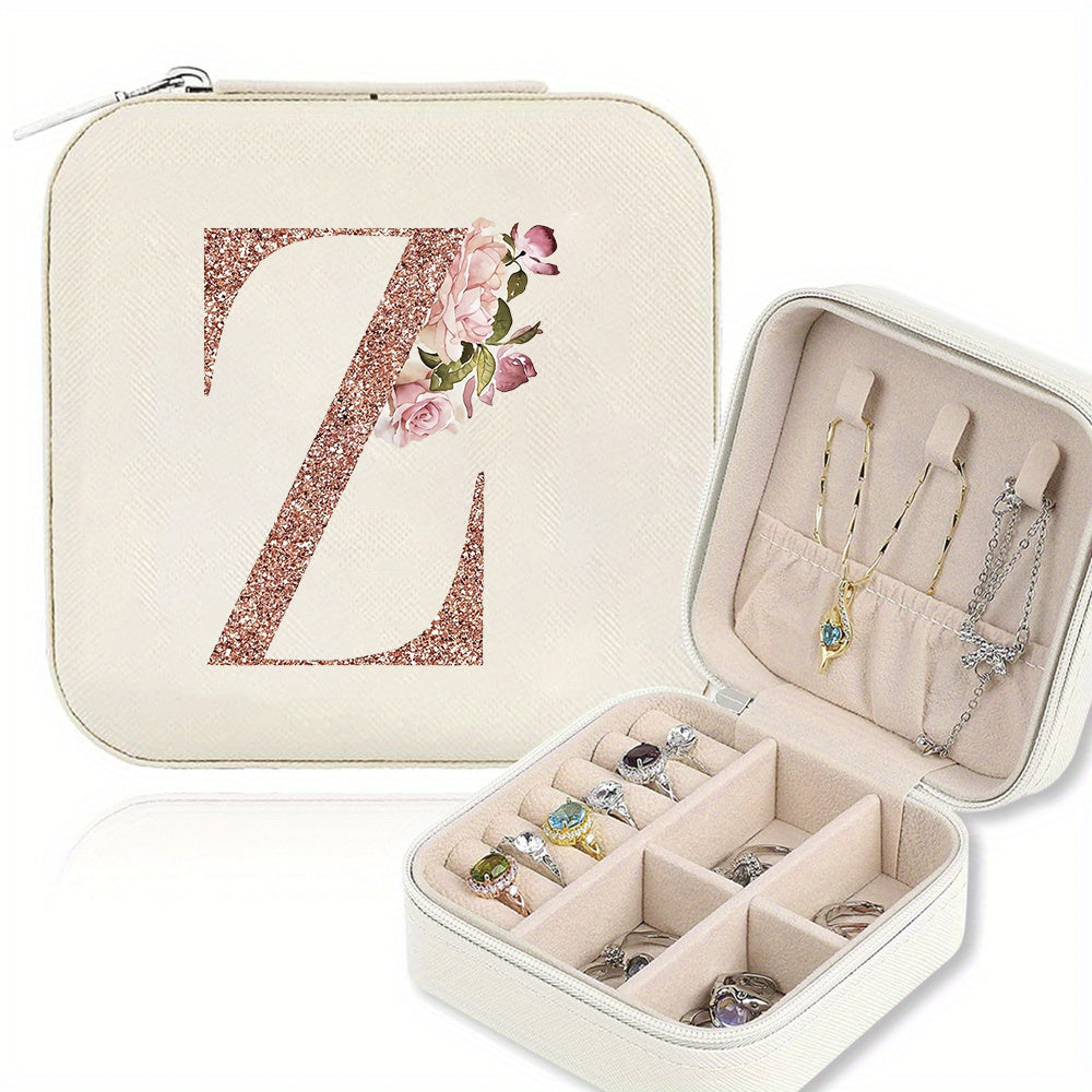 Classic Faux Leather Jewelry Box with Zipper Closure - Waterproof And Lightweight, Perfect for Travel Storage, Featuring a Floral Design with 26 Letters, a Detachable Necklace Display Stand, And Compartments for Rings And Earrings - an Elegant Gift