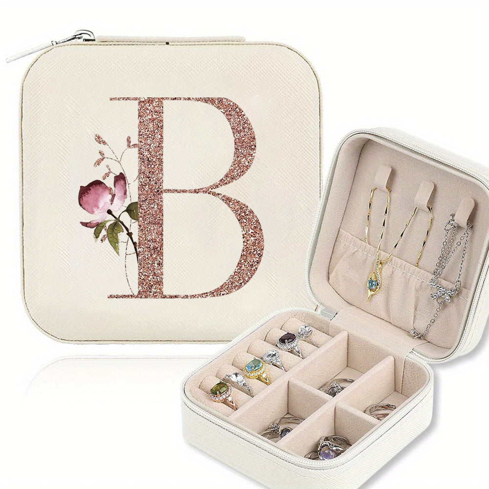 Classic Faux Leather Jewelry Box with Zipper Closure - Waterproof And Lightweight, Perfect for Travel Storage, Featuring a Floral Design with 26 Letters, a Detachable Necklace Display Stand, And Compartments for Rings And Earrings - an Elegant Gift