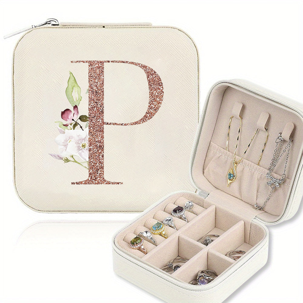 Classic Faux Leather Jewelry Box with Zipper Closure - Waterproof And Lightweight, Perfect for Travel Storage, Featuring a Floral Design with 26 Letters, a Detachable Necklace Display Stand, And Compartments for Rings And Earrings - an Elegant Gift