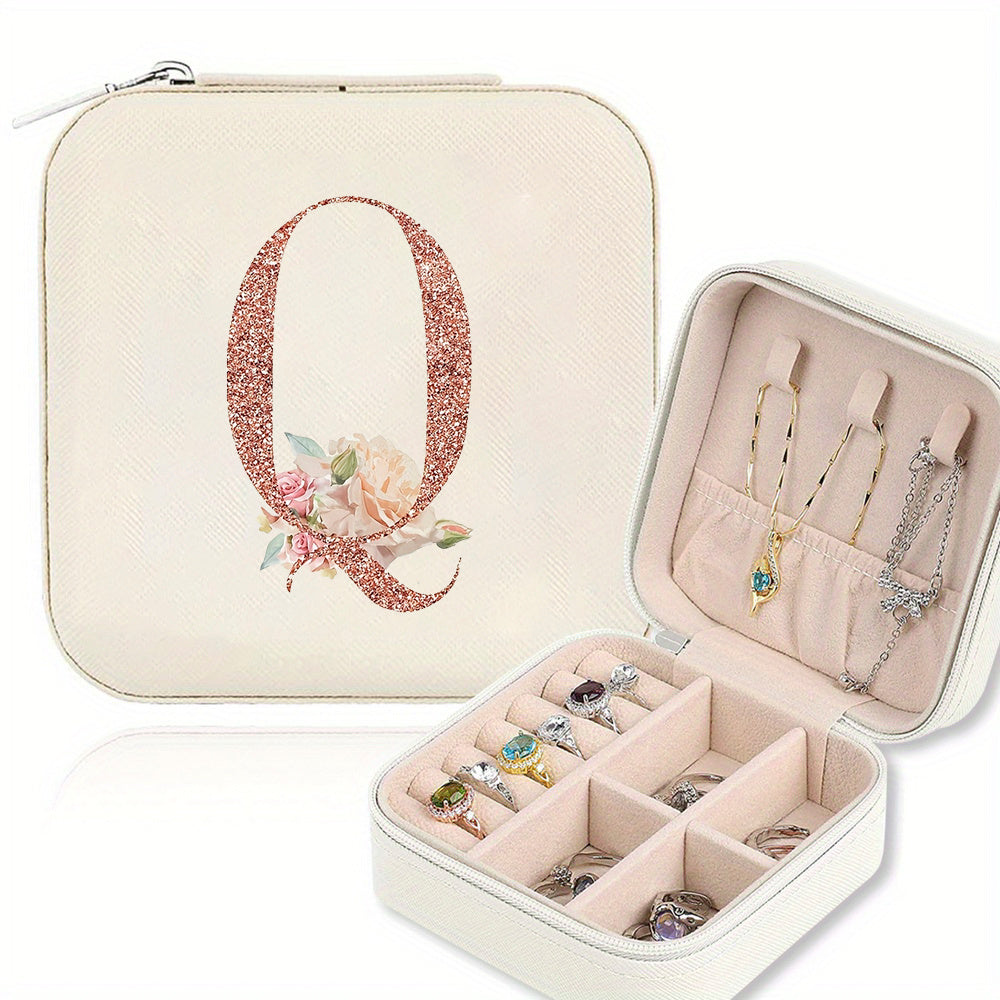 Classic Faux Leather Jewelry Box with Zipper Closure - Waterproof And Lightweight, Perfect for Travel Storage, Featuring a Floral Design with 26 Letters, a Detachable Necklace Display Stand, And Compartments for Rings And Earrings - an Elegant Gift