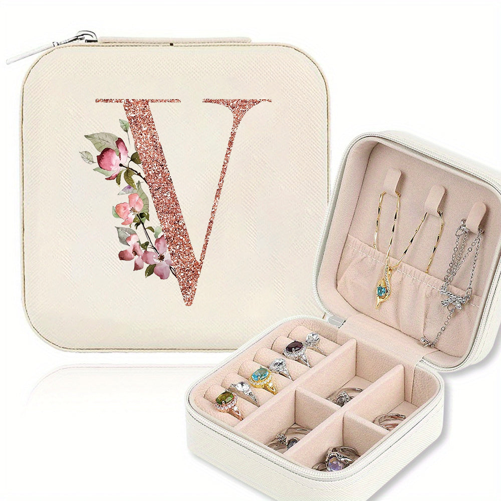 Classic Faux Leather Jewelry Box with Zipper Closure - Waterproof And Lightweight, Perfect for Travel Storage, Featuring a Floral Design with 26 Letters, a Detachable Necklace Display Stand, And Compartments for Rings And Earrings - an Elegant Gift