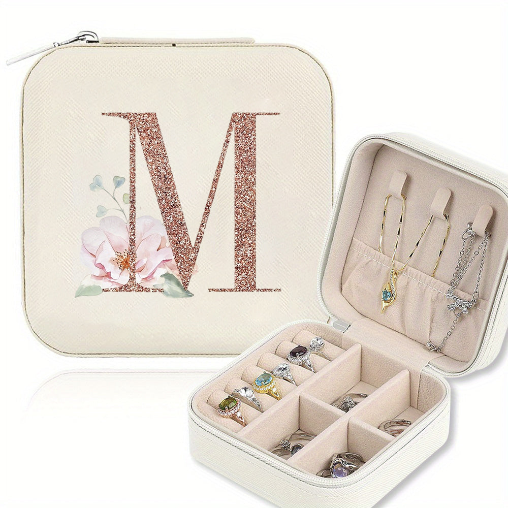 Classic Faux Leather Jewelry Box with Zipper Closure - Waterproof And Lightweight, Perfect for Travel Storage, Featuring a Floral Design with 26 Letters, a Detachable Necklace Display Stand, And Compartments for Rings And Earrings - an Elegant Gift