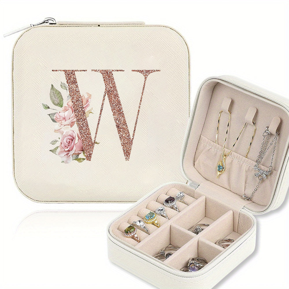 Classic Faux Leather Jewelry Box with Zipper Closure - Waterproof And Lightweight, Perfect for Travel Storage, Featuring a Floral Design with 26 Letters, a Detachable Necklace Display Stand, And Compartments for Rings And Earrings - an Elegant Gift