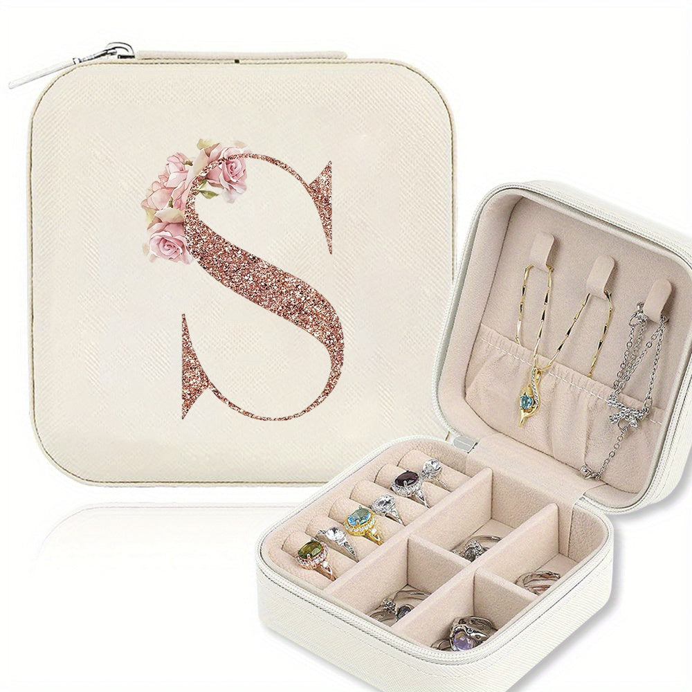 Classic Faux Leather Jewelry Box with Zipper Closure - Waterproof And Lightweight, Perfect for Travel Storage, Featuring a Floral Design with 26 Letters, a Detachable Necklace Display Stand, And Compartments for Rings And Earrings - an Elegant Gift