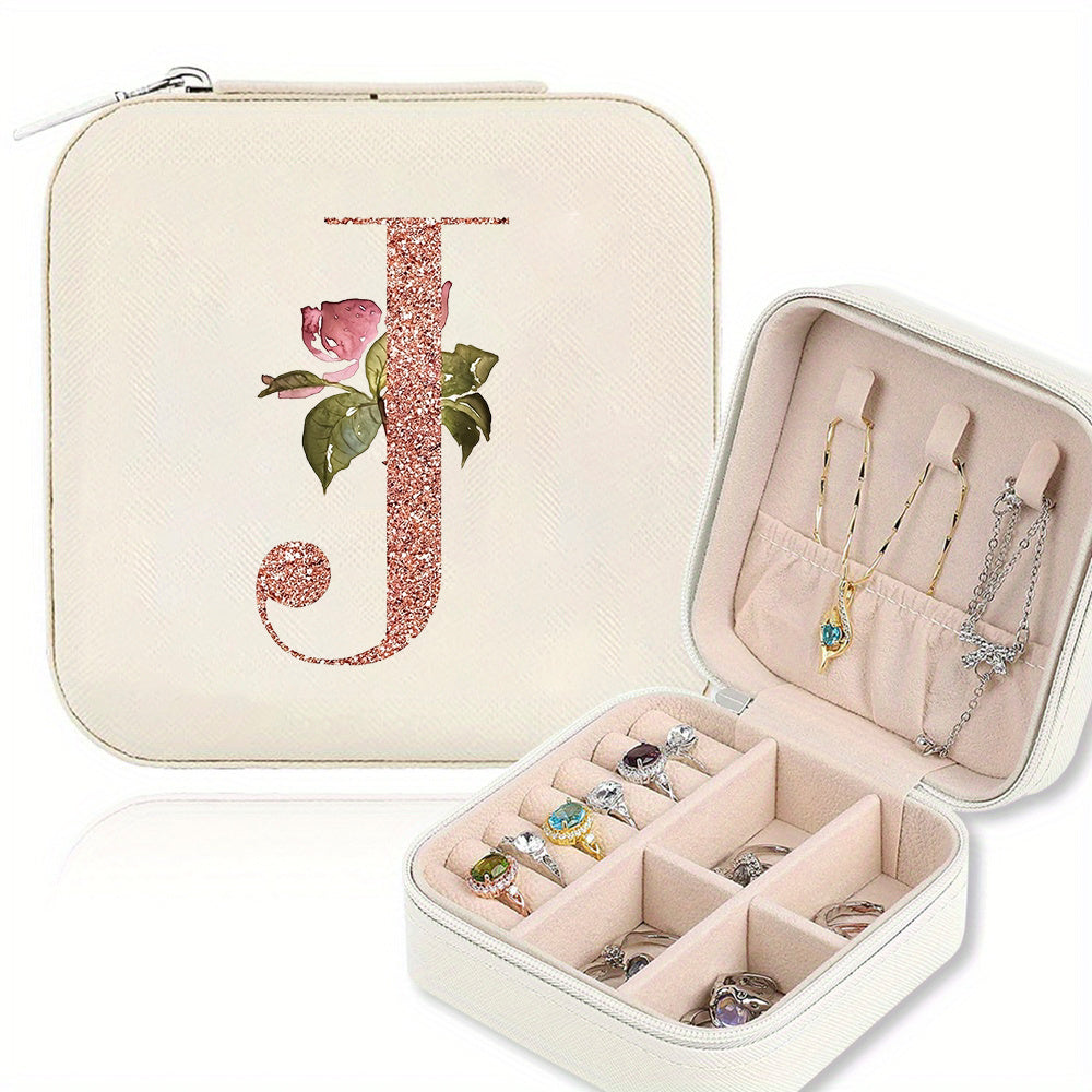 Classic Faux Leather Jewelry Box with Zipper Closure - Waterproof And Lightweight, Perfect for Travel Storage, Featuring a Floral Design with 26 Letters, a Detachable Necklace Display Stand, And Compartments for Rings And Earrings - an Elegant Gift