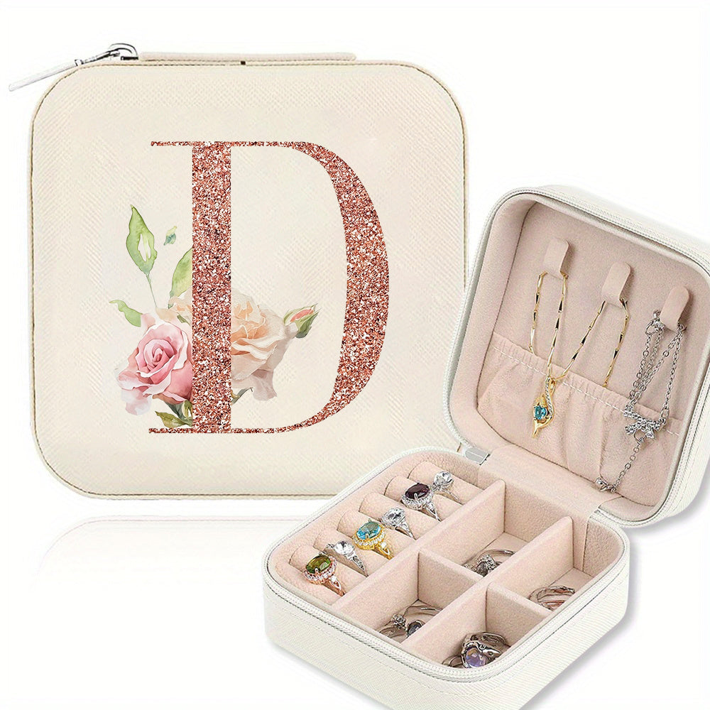 Classic Faux Leather Jewelry Box with Zipper Closure - Waterproof And Lightweight, Perfect for Travel Storage, Featuring a Floral Design with 26 Letters, a Detachable Necklace Display Stand, And Compartments for Rings And Earrings - an Elegant Gift