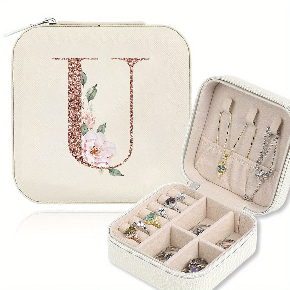 Classic Faux Leather Jewelry Box with Zipper Closure - Waterproof And Lightweight, Perfect for Travel Storage, Featuring a Floral Design with 26 Letters, a Detachable Necklace Display Stand, And Compartments for Rings And Earrings - an Elegant Gift