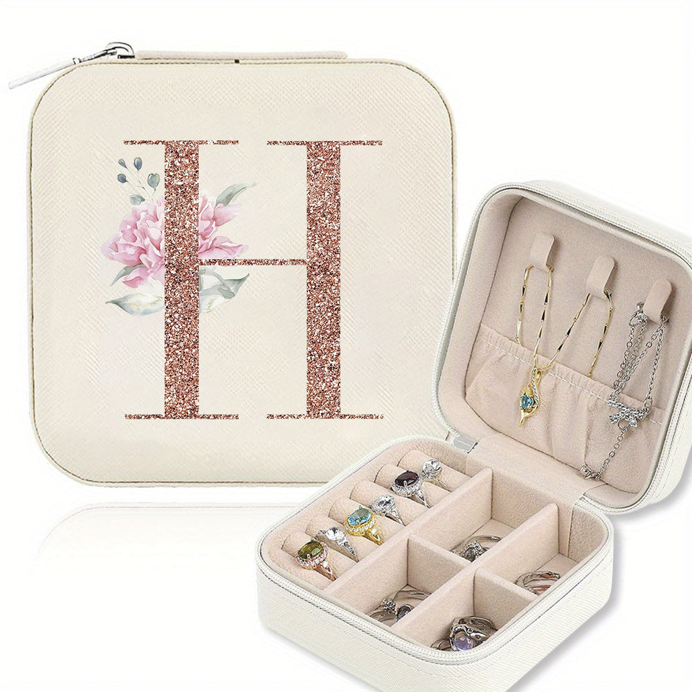 Classic Faux Leather Jewelry Box with Zipper Closure - Waterproof And Lightweight, Perfect for Travel Storage, Featuring a Floral Design with 26 Letters, a Detachable Necklace Display Stand, And Compartments for Rings And Earrings - an Elegant Gift