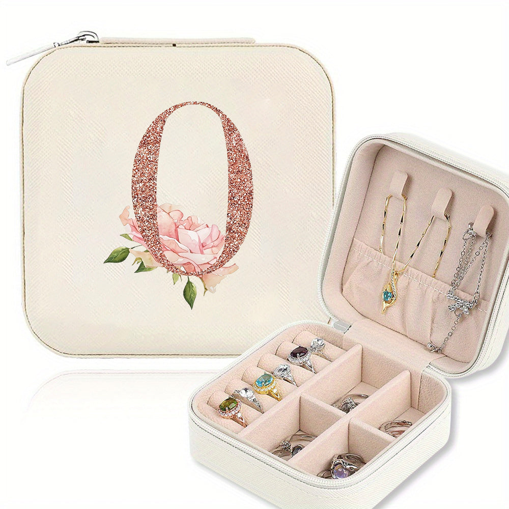 Classic Faux Leather Jewelry Box with Zipper Closure - Waterproof And Lightweight, Perfect for Travel Storage, Featuring a Floral Design with 26 Letters, a Detachable Necklace Display Stand, And Compartments for Rings And Earrings - an Elegant Gift