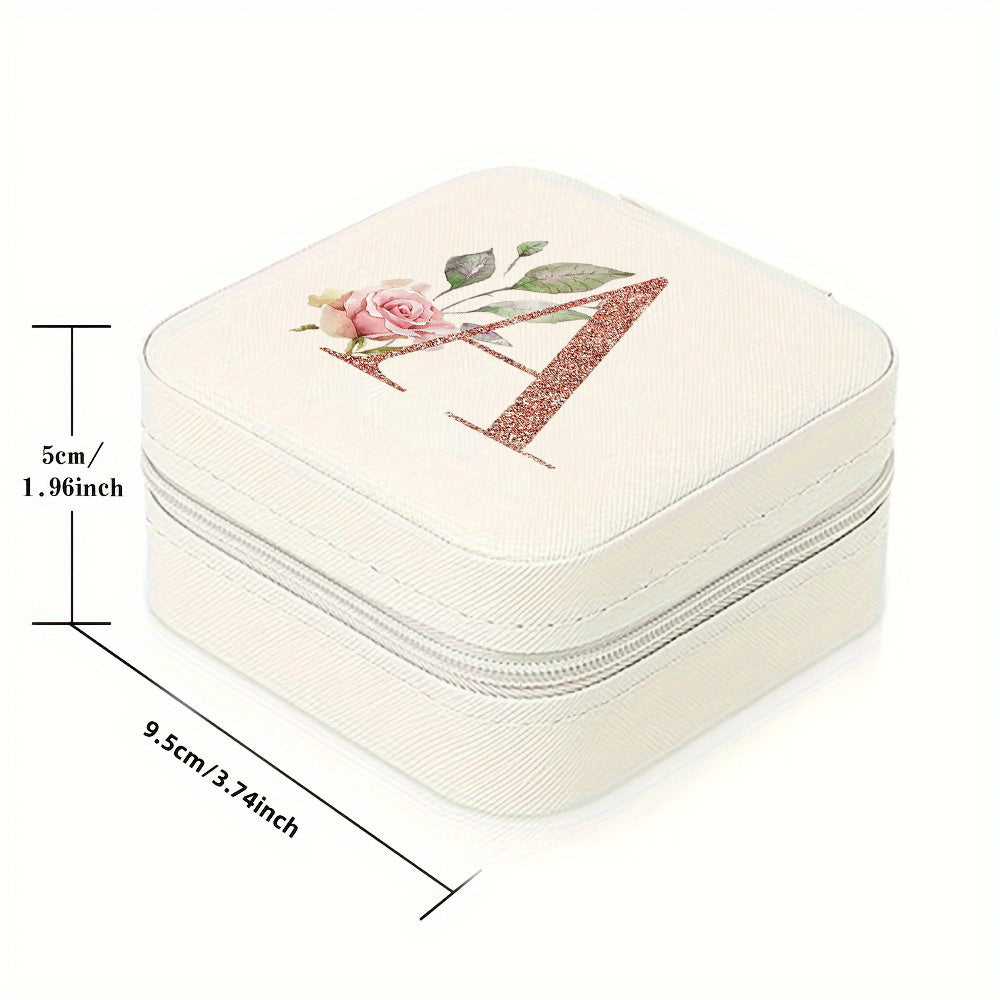 Classic Faux Leather Jewelry Box with Zipper Closure - Waterproof And Lightweight, Perfect for Travel Storage, Featuring a Floral Design with 26 Letters, a Detachable Necklace Display Stand, And Compartments for Rings And Earrings - an Elegant Gift