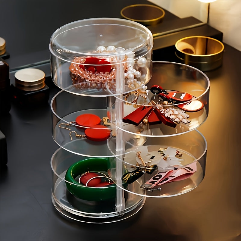 A High-end Exquisite Rotating Jewelry Box,five Layers of Large Capacity Withcover Dust Proof Quality Pet Material,used for Dressing Table Bedroom Desktop Sorting Storage,hair Accessories,bracelets,necklaces, Earrings and Other Accessories Storage Box