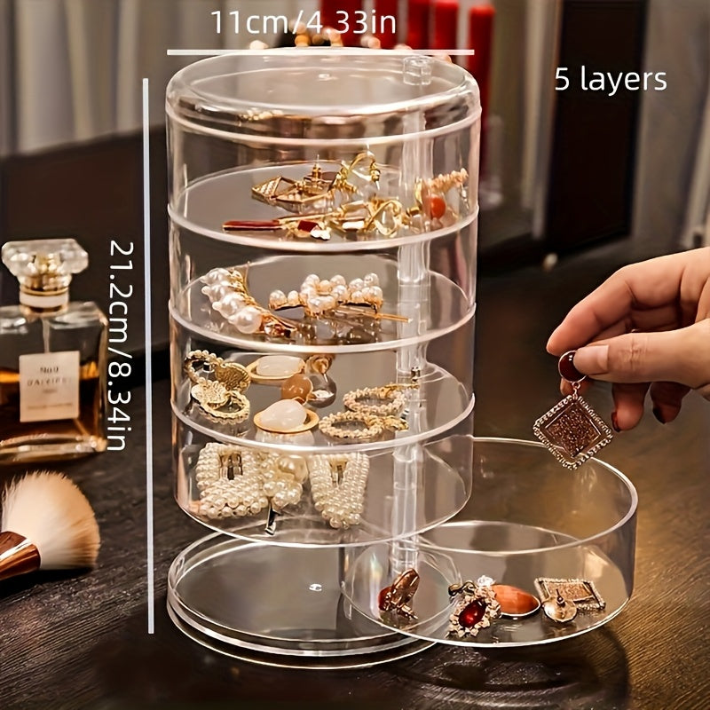 A High-end Exquisite Rotating Jewelry Box,five Layers of Large Capacity Withcover Dust Proof Quality Pet Material,used for Dressing Table Bedroom Desktop Sorting Storage,hair Accessories,bracelets,necklaces, Earrings and Other Accessories Storage Box