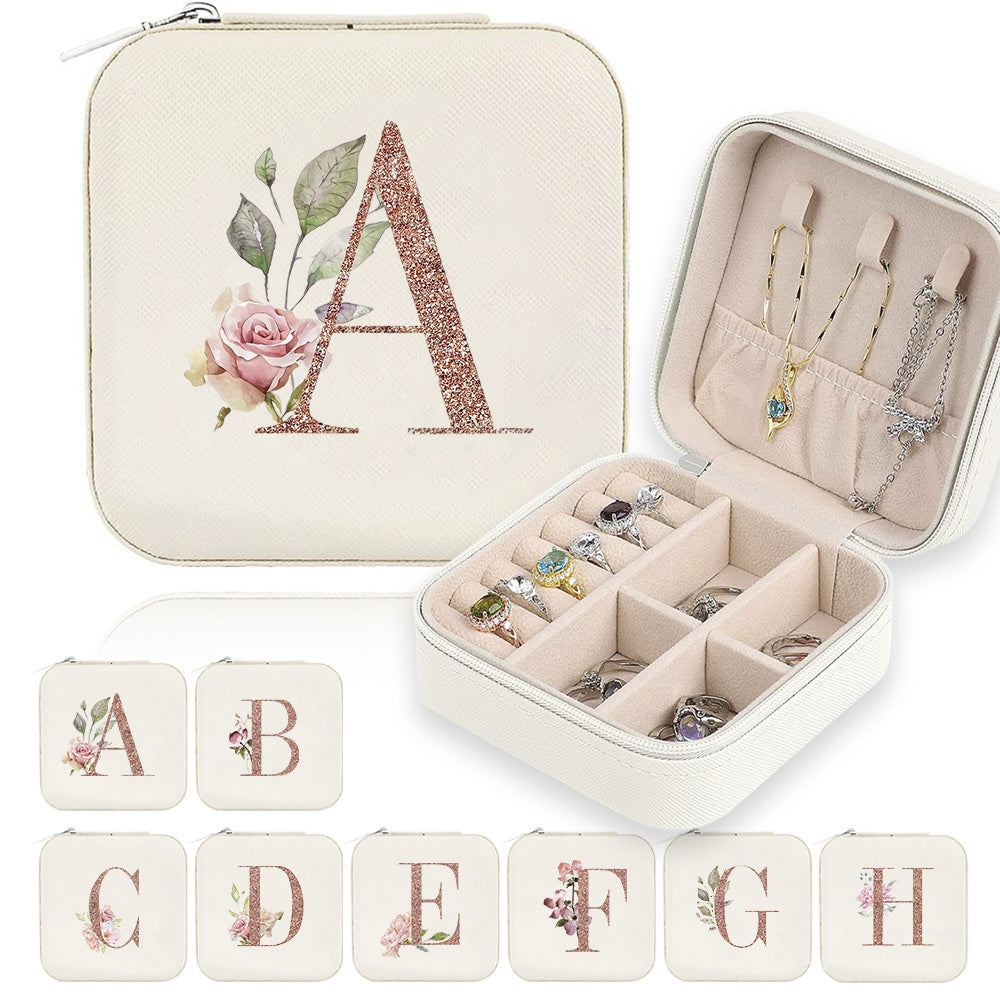 Classic Faux Leather Jewelry Box with Zipper Closure - Waterproof And Lightweight, Perfect for Travel Storage, Featuring a Floral Design with 26 Letters, a Detachable Necklace Display Stand, And Compartments for Rings And Earrings - an Elegant Gift