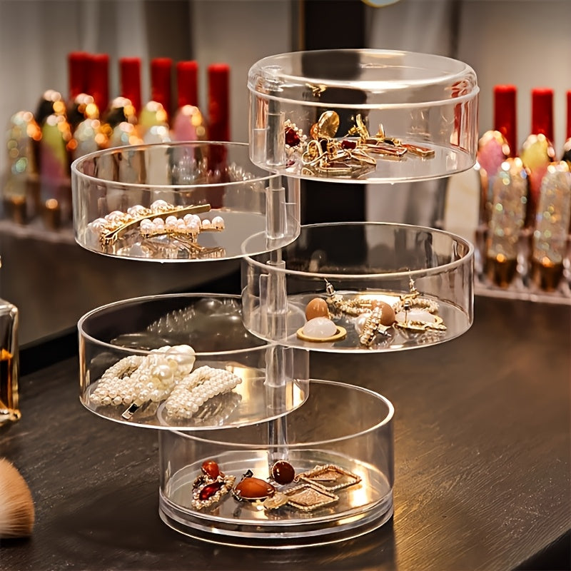 A High-end Exquisite Rotating Jewelry Box,five Layers of Large Capacity Withcover Dust Proof Quality Pet Material,used for Dressing Table Bedroom Desktop Sorting Storage,hair Accessories,bracelets,necklaces, Earrings and Other Accessories Storage Box