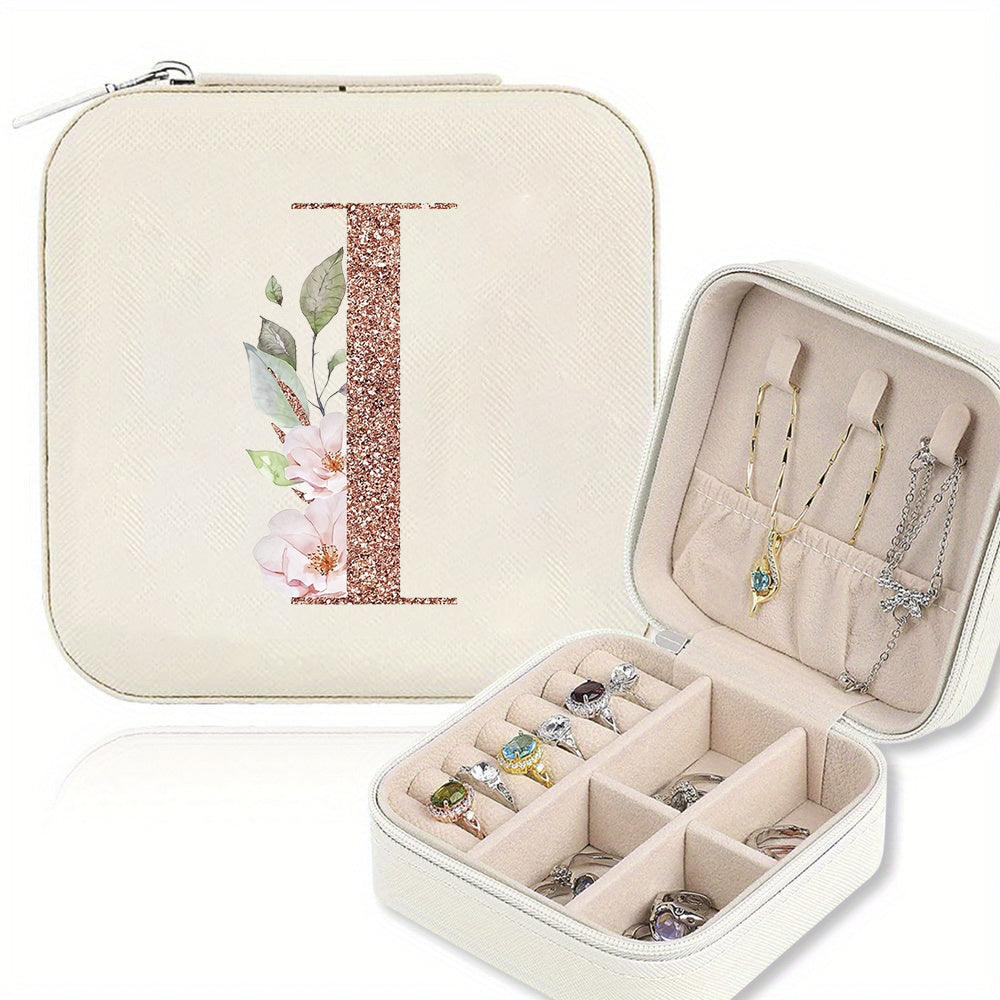 Classic Faux Leather Jewelry Box with Zipper Closure - Waterproof And Lightweight, Perfect for Travel Storage, Featuring a Floral Design with 26 Letters, a Detachable Necklace Display Stand, And Compartments for Rings And Earrings - an Elegant Gift