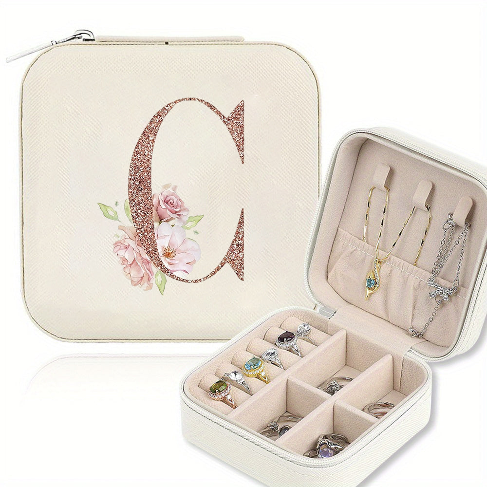 Classic Faux Leather Jewelry Box with Zipper Closure - Waterproof And Lightweight, Perfect for Travel Storage, Featuring a Floral Design with 26 Letters, a Detachable Necklace Display Stand, And Compartments for Rings And Earrings - an Elegant Gift