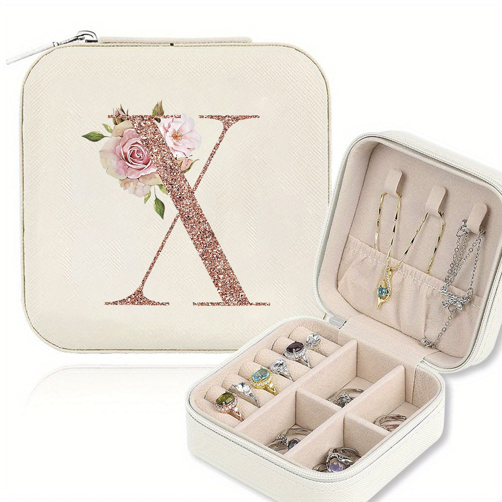 Classic Faux Leather Jewelry Box with Zipper Closure - Waterproof And Lightweight, Perfect for Travel Storage, Featuring a Floral Design with 26 Letters, a Detachable Necklace Display Stand, And Compartments for Rings And Earrings - an Elegant Gift