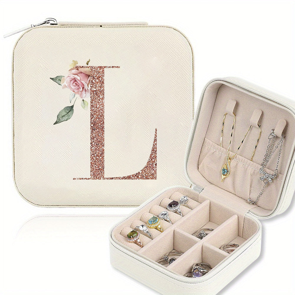 Classic Faux Leather Jewelry Box with Zipper Closure - Waterproof And Lightweight, Perfect for Travel Storage, Featuring a Floral Design with 26 Letters, a Detachable Necklace Display Stand, And Compartments for Rings And Earrings - an Elegant Gift