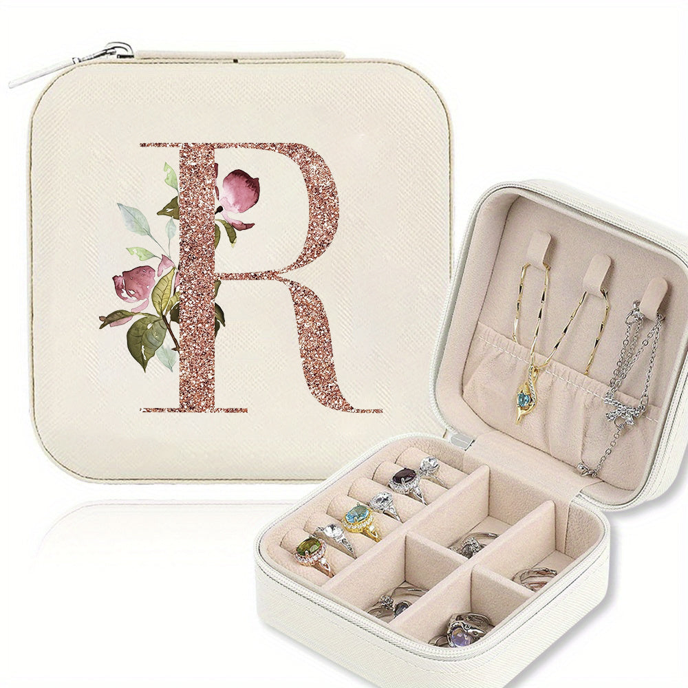 Classic Faux Leather Jewelry Box with Zipper Closure - Waterproof And Lightweight, Perfect for Travel Storage, Featuring a Floral Design with 26 Letters, a Detachable Necklace Display Stand, And Compartments for Rings And Earrings - an Elegant Gift