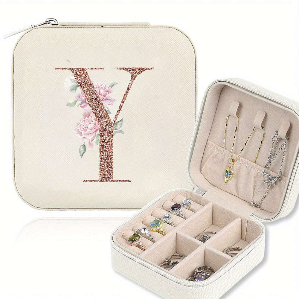 Classic Faux Leather Jewelry Box with Zipper Closure - Waterproof And Lightweight, Perfect for Travel Storage, Featuring a Floral Design with 26 Letters, a Detachable Necklace Display Stand, And Compartments for Rings And Earrings - an Elegant Gift
