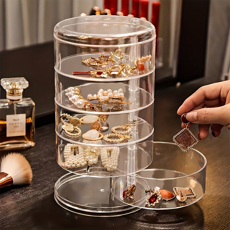 A High-end Exquisite Rotating Jewelry Box,five Layers of Large Capacity Withcover Dust Proof Quality Pet Material,used for Dressing Table Bedroom Desktop Sorting Storage,hair Accessories,bracelets,necklaces, Earrings and Other Accessories Storage Box