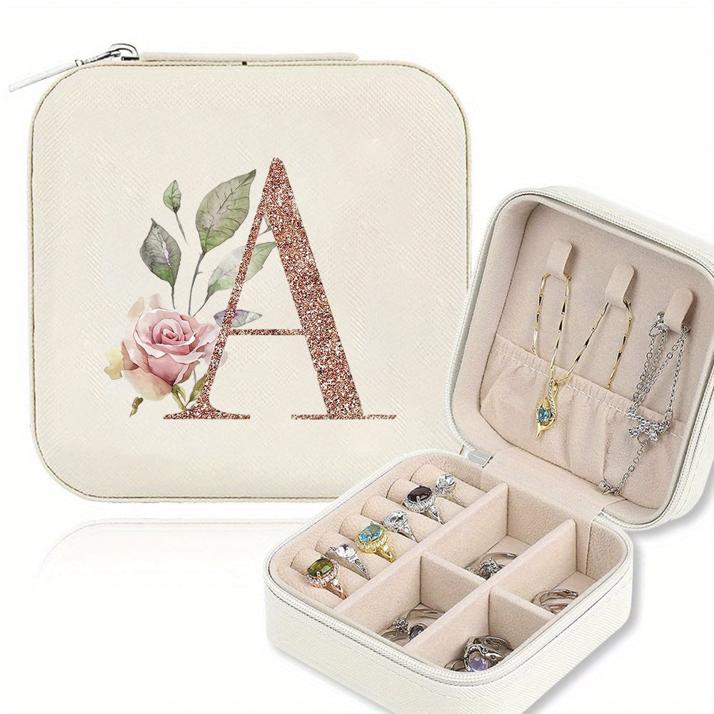 Classic Faux Leather Jewelry Box with Zipper Closure - Waterproof And Lightweight, Perfect for Travel Storage, Featuring a Floral Design with 26 Letters, a Detachable Necklace Display Stand, And Compartments for Rings And Earrings - an Elegant Gift