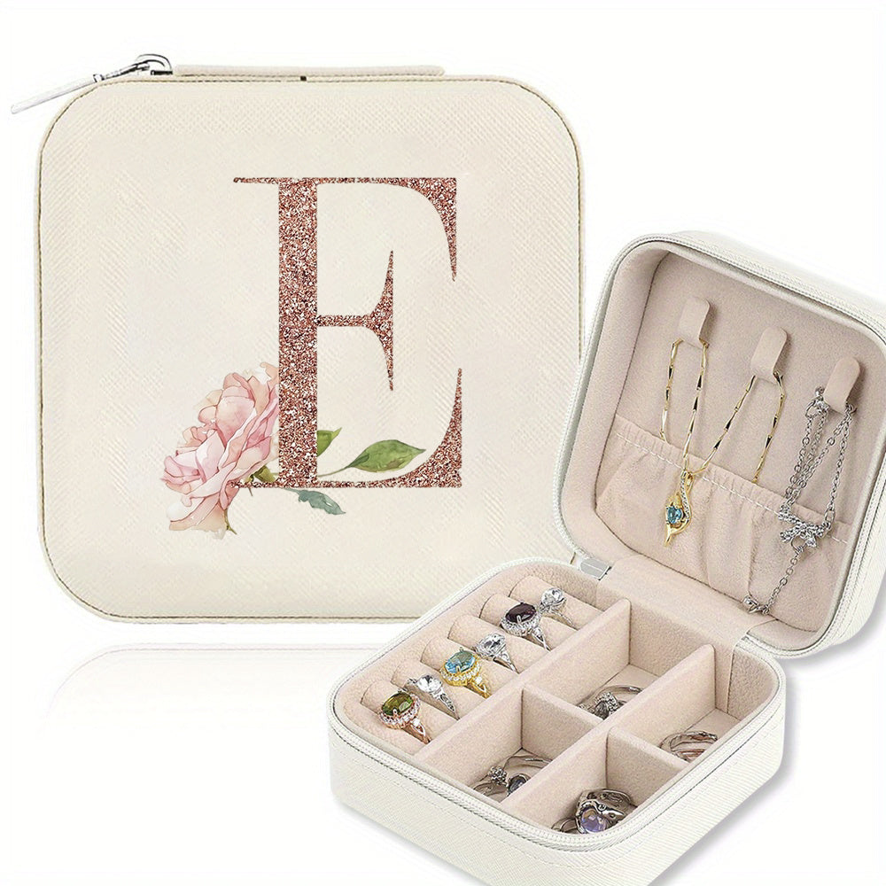 Classic Faux Leather Jewelry Box with Zipper Closure - Waterproof And Lightweight, Perfect for Travel Storage, Featuring a Floral Design with 26 Letters, a Detachable Necklace Display Stand, And Compartments for Rings And Earrings - an Elegant Gift