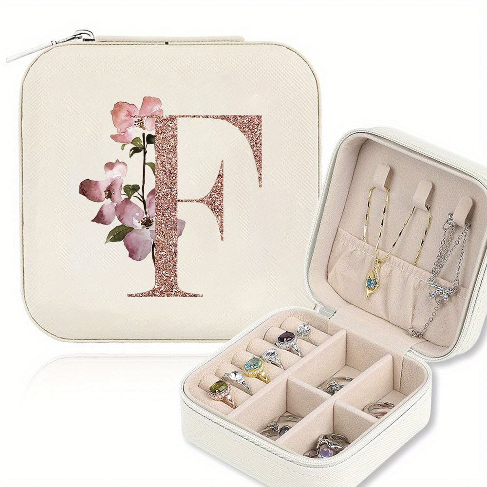 Classic Faux Leather Jewelry Box with Zipper Closure - Waterproof And Lightweight, Perfect for Travel Storage, Featuring a Floral Design with 26 Letters, a Detachable Necklace Display Stand, And Compartments for Rings And Earrings - an Elegant Gift