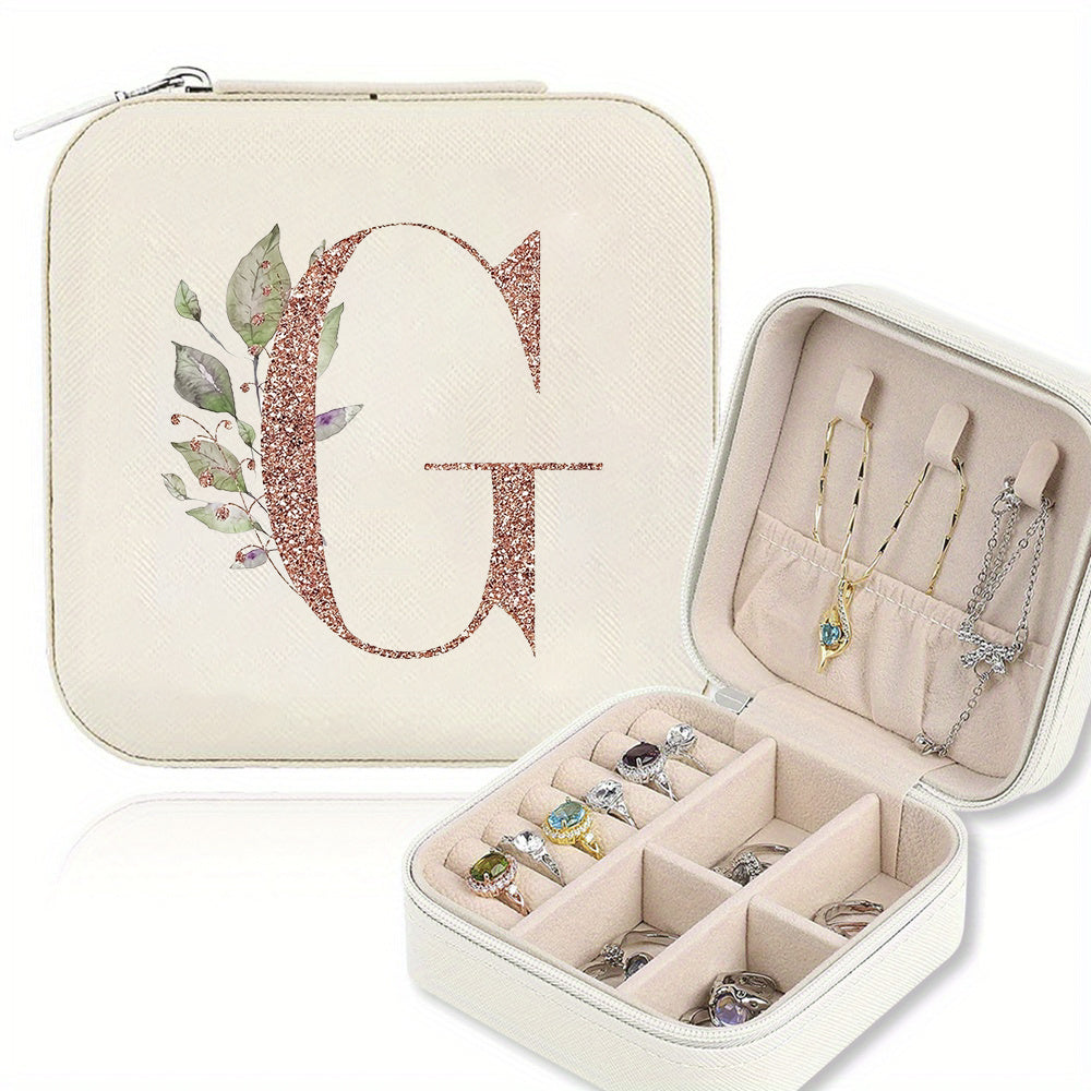Classic Faux Leather Jewelry Box with Zipper Closure - Waterproof And Lightweight, Perfect for Travel Storage, Featuring a Floral Design with 26 Letters, a Detachable Necklace Display Stand, And Compartments for Rings And Earrings - an Elegant Gift