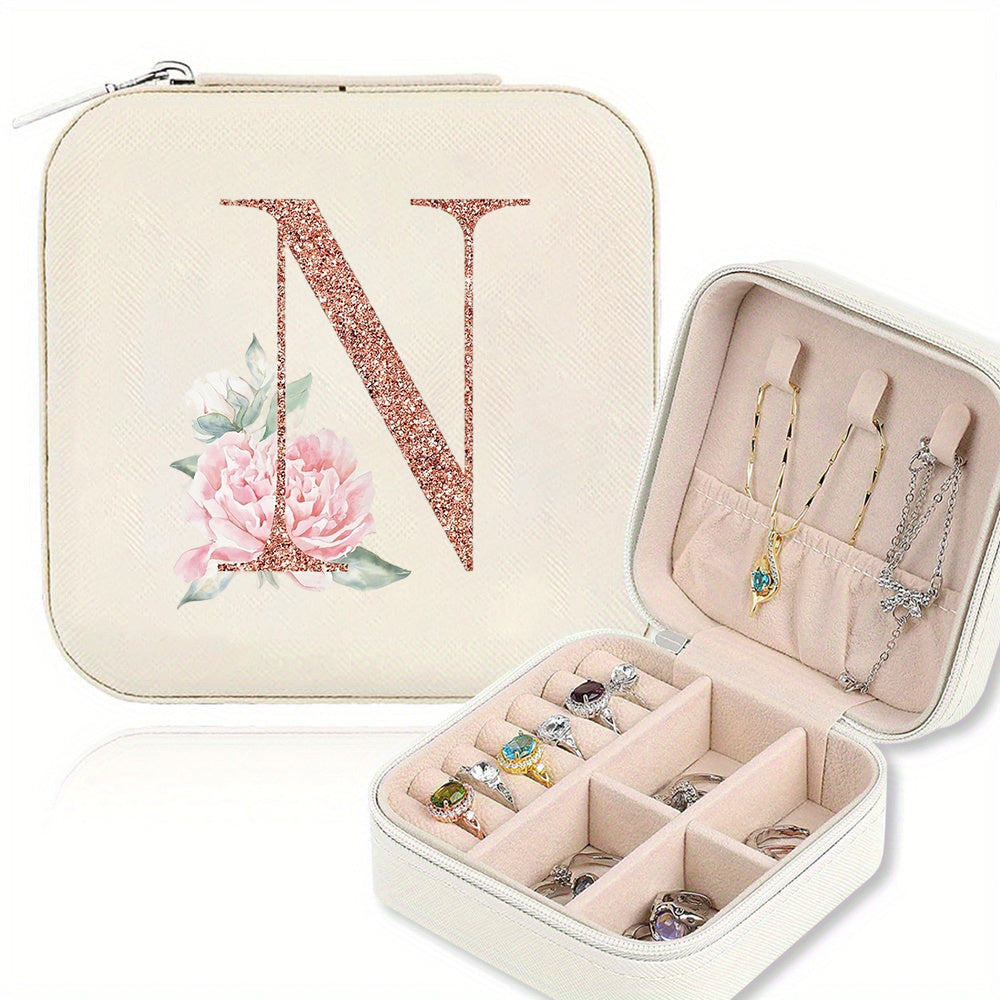 Classic Faux Leather Jewelry Box with Zipper Closure - Waterproof And Lightweight, Perfect for Travel Storage, Featuring a Floral Design with 26 Letters, a Detachable Necklace Display Stand, And Compartments for Rings And Earrings - an Elegant Gift