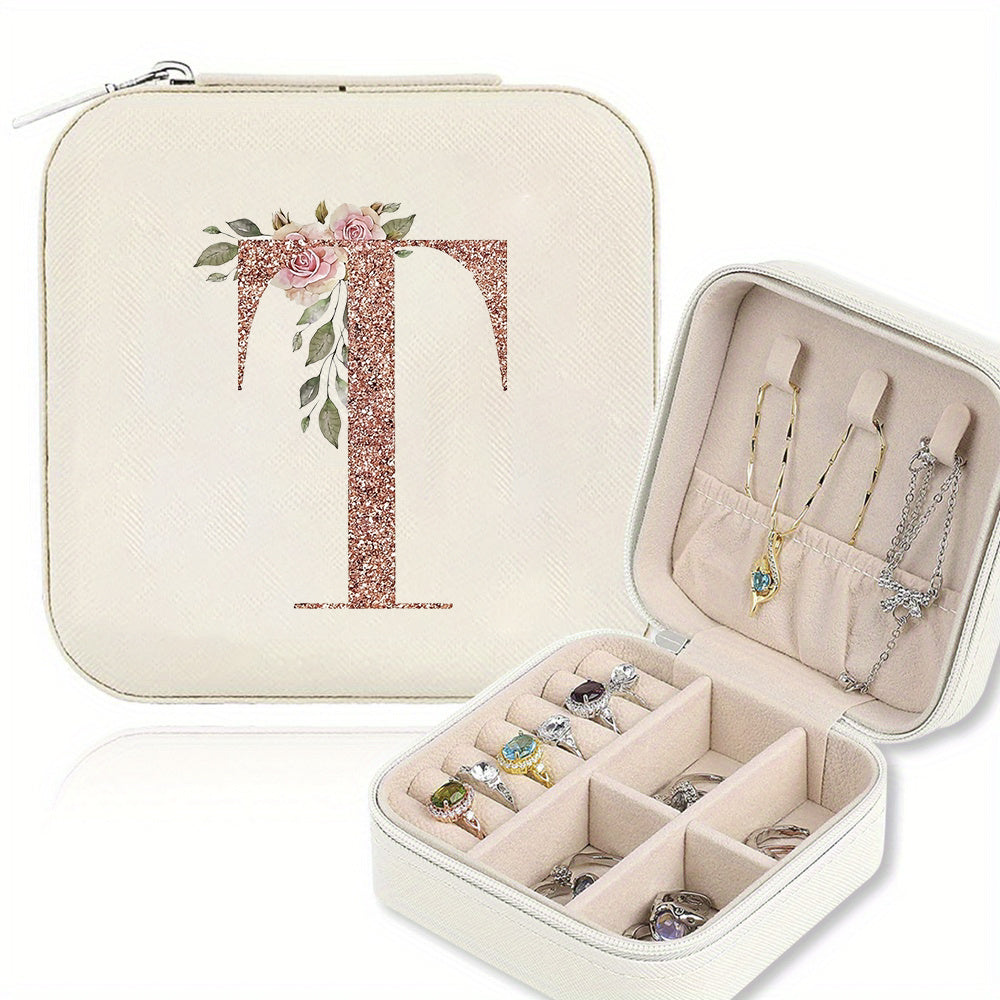 Classic Faux Leather Jewelry Box with Zipper Closure - Waterproof And Lightweight, Perfect for Travel Storage, Featuring a Floral Design with 26 Letters, a Detachable Necklace Display Stand, And Compartments for Rings And Earrings - an Elegant Gift